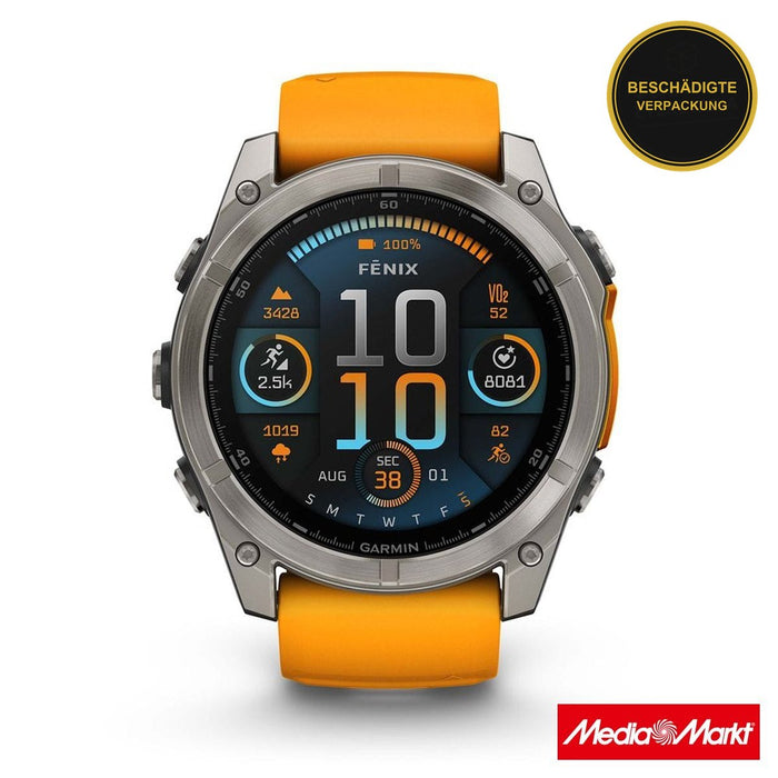 Garmin fēnix 8 51mm Sapphire Titanium with Spark Orange and Graphite · beschädigte Verpackung